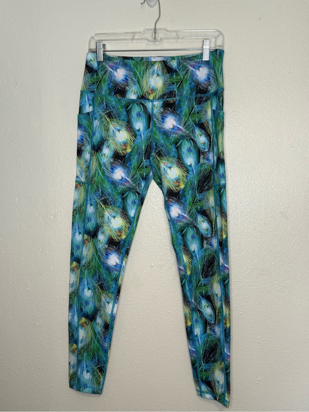 Peacock Feather Print Leggings - Blue Green